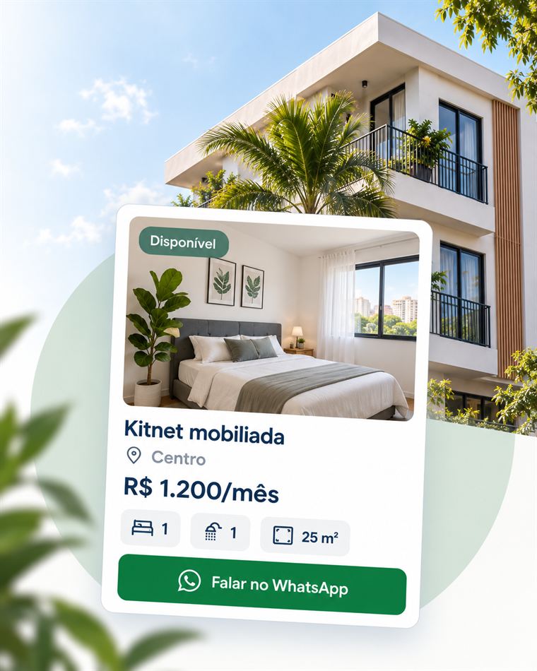 Anúncio de kitnet do SGLK, com foto, preço e botão de contato, diante da fachada de um prédio residencial.