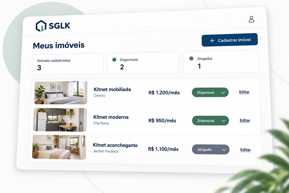 Painel do locador no SGLK com três imóveis cadastrados, dois disponíveis e um alugado.