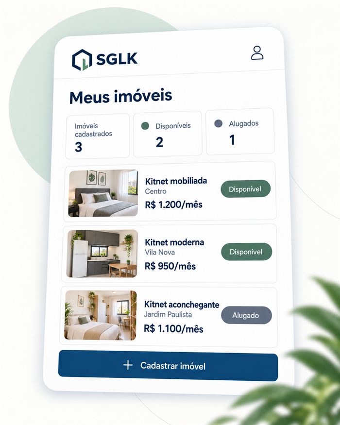 Painel do locador no celular, com a lista de imóveis e o status de cada um.