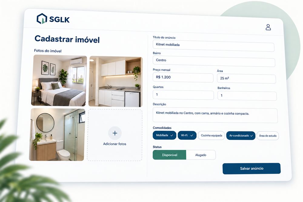 Formulário de cadastro de imóvel no SGLK, com fotos, preço, comodidades e status.
