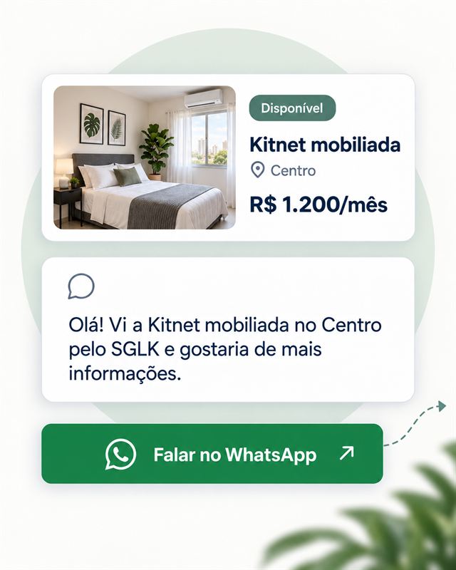 Anúncio da Kitnet mobiliada com mensagem pronta e botão para falar com o locador no WhatsApp.