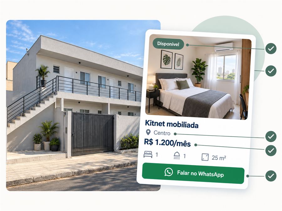 Anúncio de kitnet com foto, preço, bairro, status e botão de contato em destaque, diante do prédio.