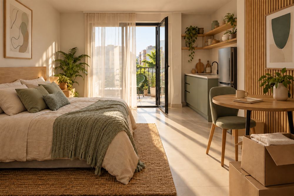 Kitnet iluminada pela manhã, com cama arrumada, plantas e caixas de mudança organizadas.