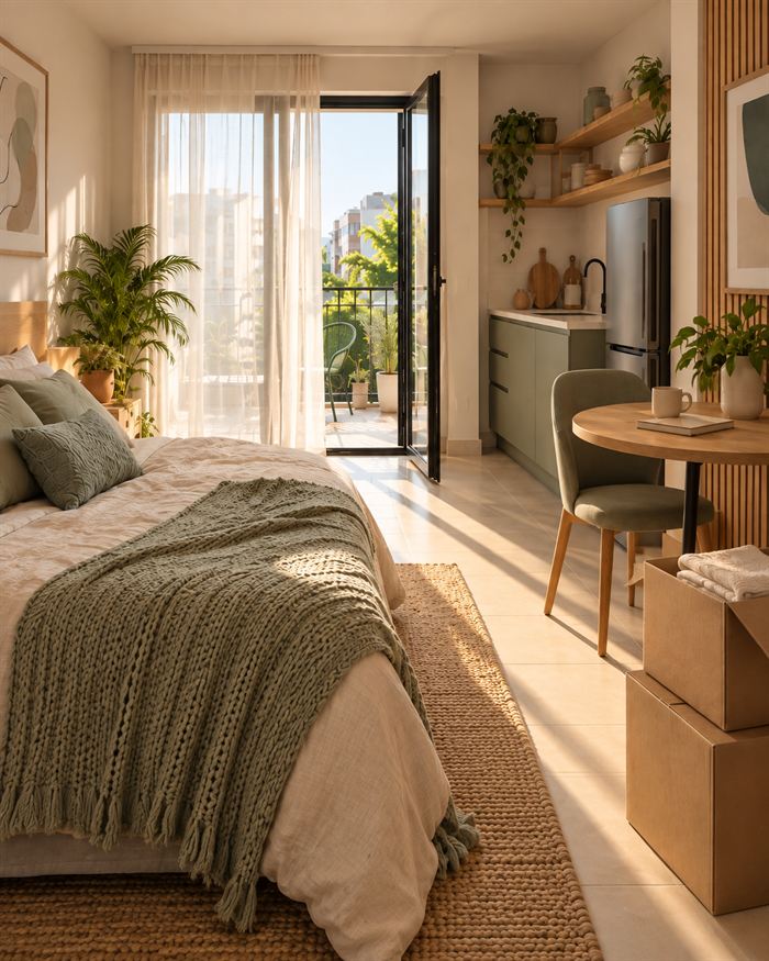Canto de uma kitnet iluminada, com manta verde na cama, plantas e caixas de mudança.