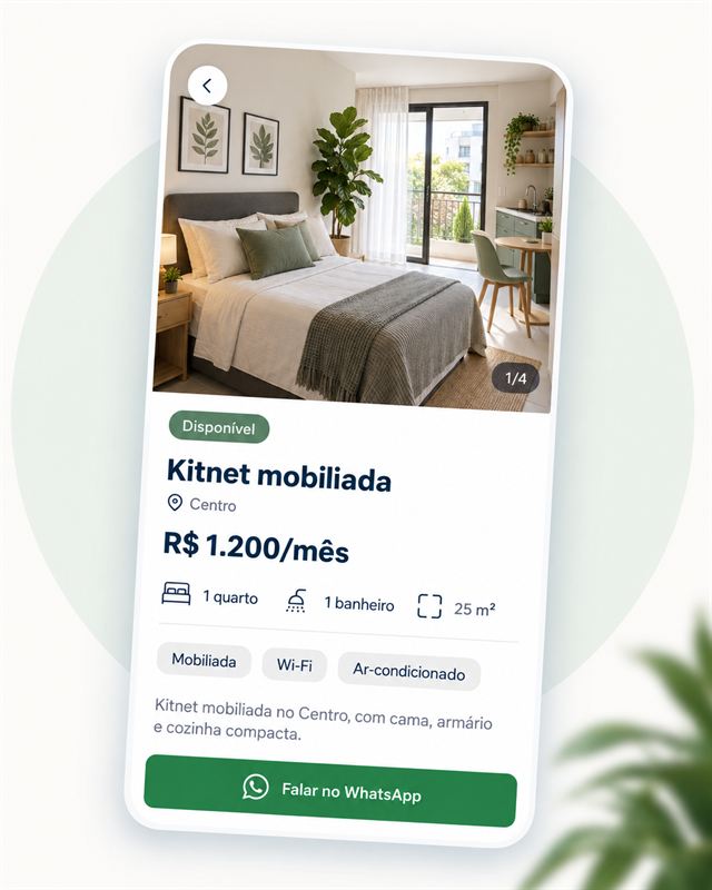 Detalhes de uma kitnet no celular, com foto, preço, comodidades e botão do WhatsApp.
