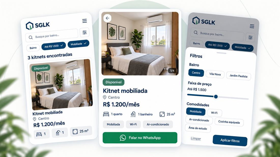 Três telas do SGLK no celular: busca com resultados, detalhes da kitnet e filtros.