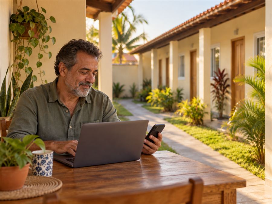 Pequeno proprietário usando notebook numa varanda, com kitnets ao fundo.